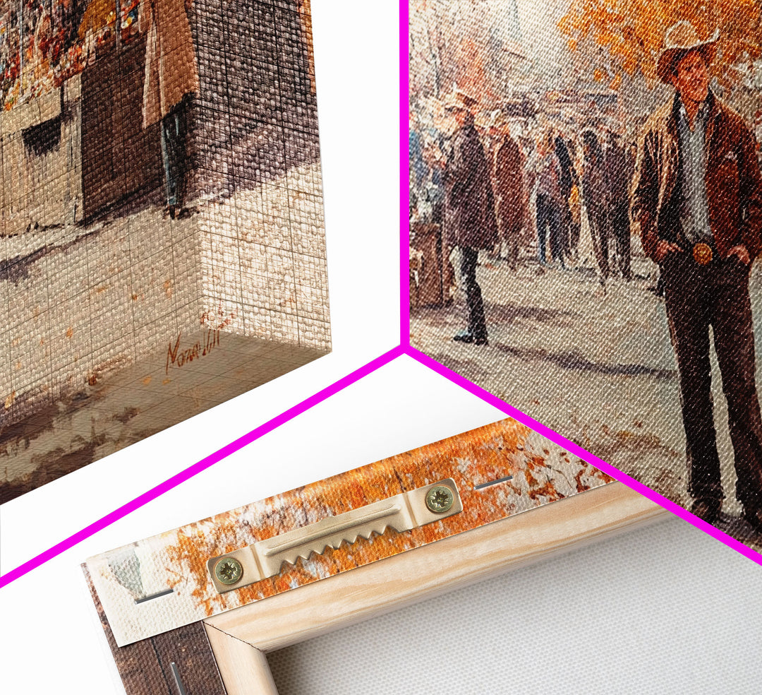 Cowboy in green jacket, snow-capped mountains trees, Framed Canvas Print, tall western Christmas wall art, winter decor, colorful landscape