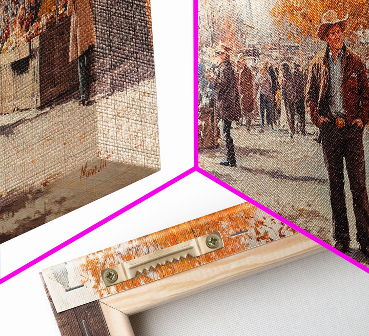 Cowboy in green jacket, snow-capped mountains trees, Framed Canvas Print, tall western Christmas wall art, winter decor, colorful landscape