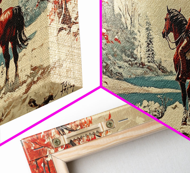 Cowboy resting by campfire under aspen trees with mountains in background, Framed Canvas Print, rustic wall art, warm western decor piece