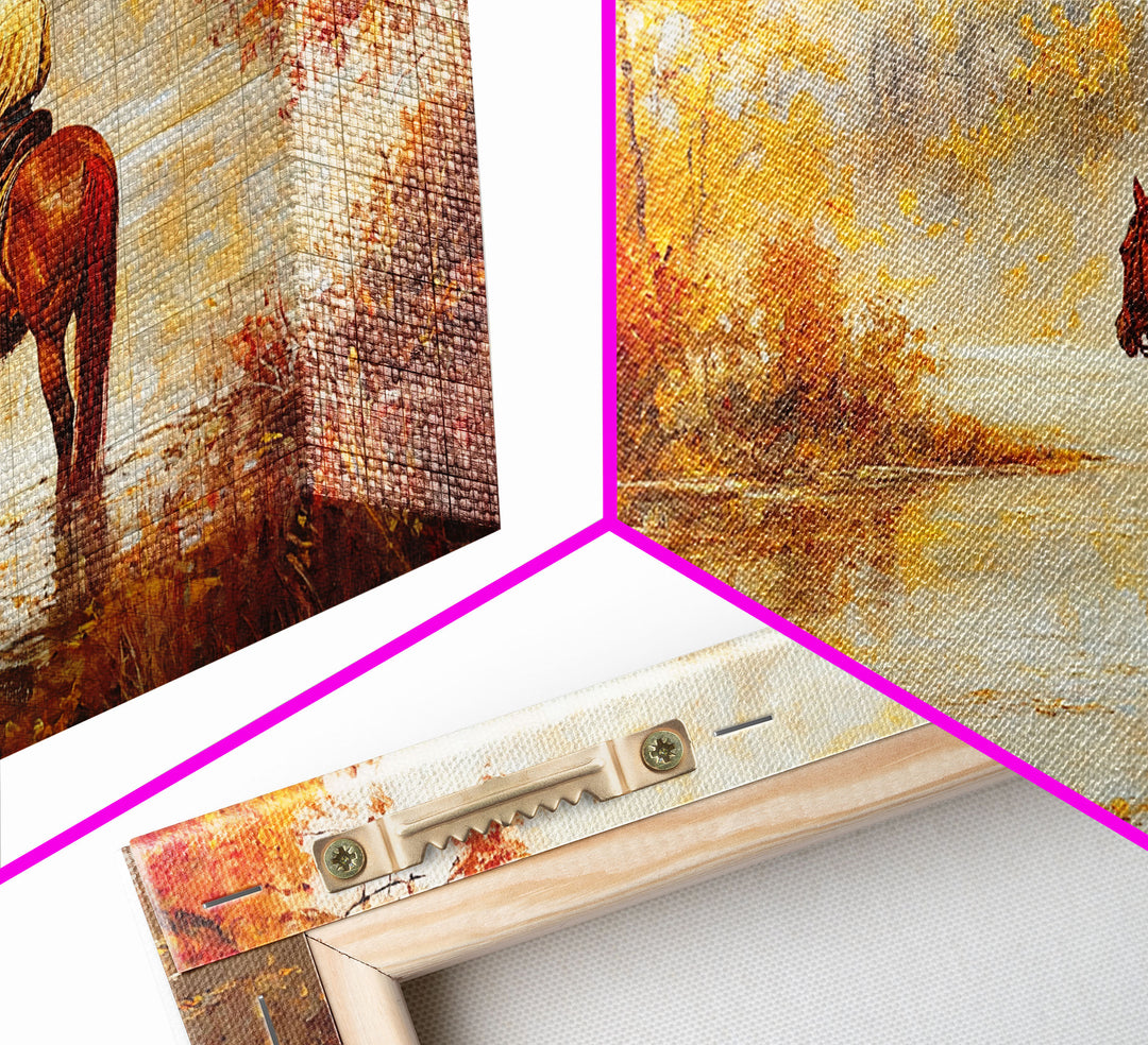 Cowboy sitting by campfire near a lake in the woods with autumn leaves, Framed Canvas Print, moody fall wall art, rustic western home decor