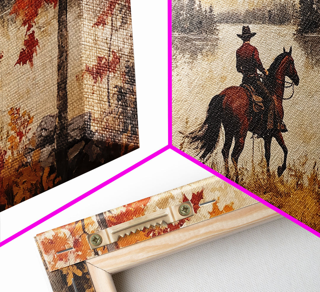 Cowboy on mountainside with red autumn leaves rugged cliffs, Framed Canvas Print, fall landscape wall art, western decor with warm colors