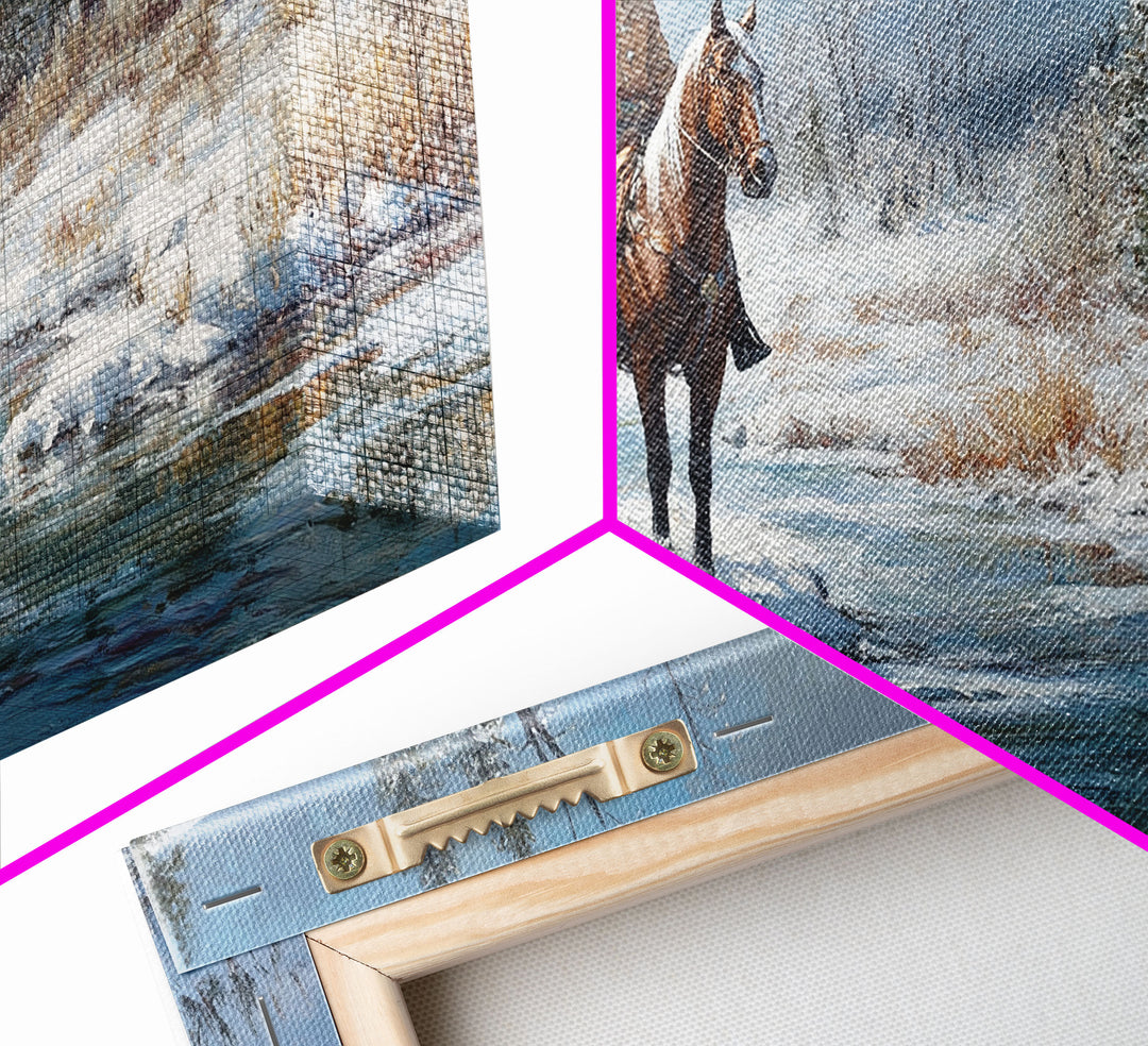 Cowboy riding horse through vibrant autumn forest, Framed Canvas Print, tall fall wall art, rustic western decor, moody landscape