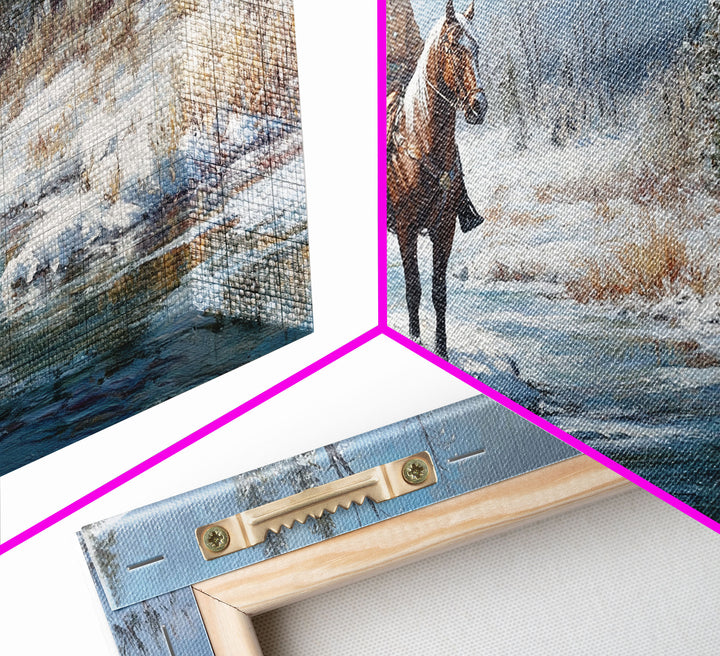 Cowboy riding horse through vibrant autumn forest, Framed Canvas Print, tall fall wall art, rustic western decor, moody landscape