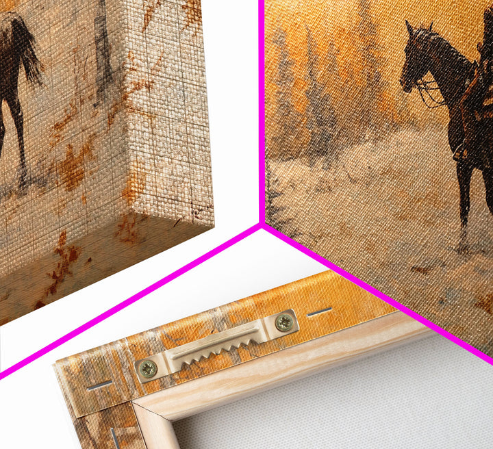 Cowboy riding horse through deep snow in a winter storm, Framed Canvas Print, dynamic winter wall art, rustic western home decor