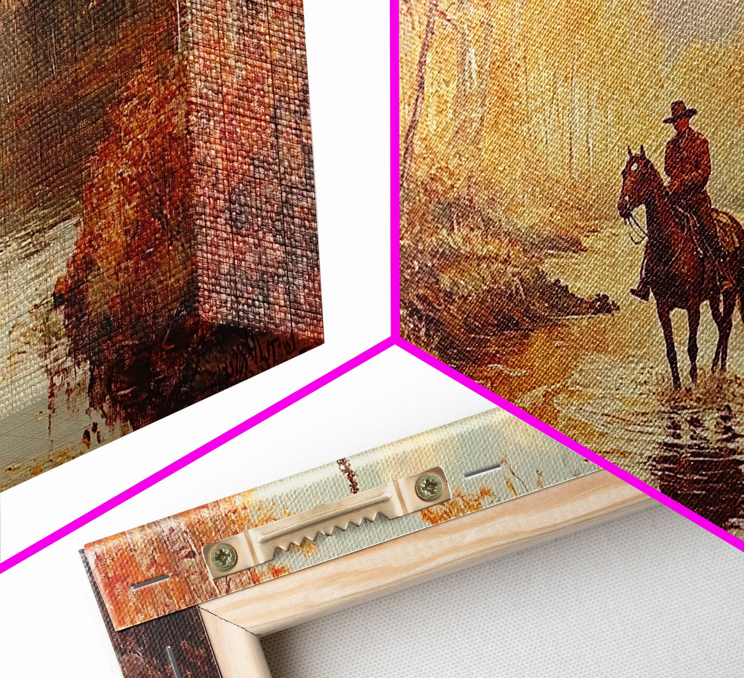 Black white cowboy riding toward snow-covered mountains, Framed Canvas Print, minimalist winter wall art, moody landscape, western decor