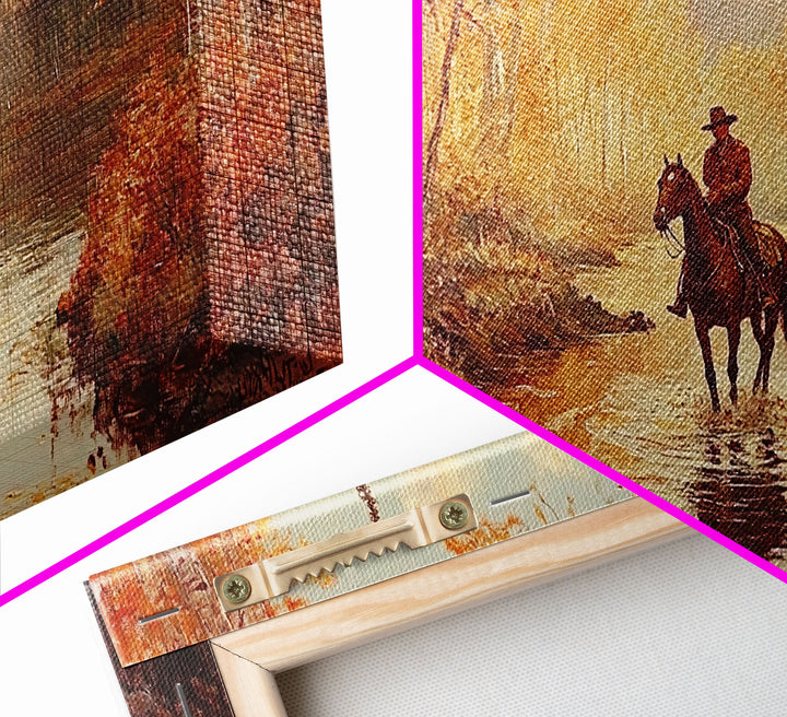 Black white cowboy riding toward snow-covered mountains, Framed Canvas Print, minimalist winter wall art, moody landscape, western decor