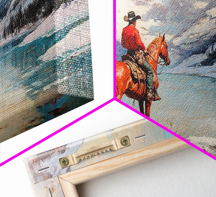 Cowboy on horseback near hay bale outside rustic barn, snow-covered landscape, Framed Canvas Print, winter wall art, rustic farmhouse decor