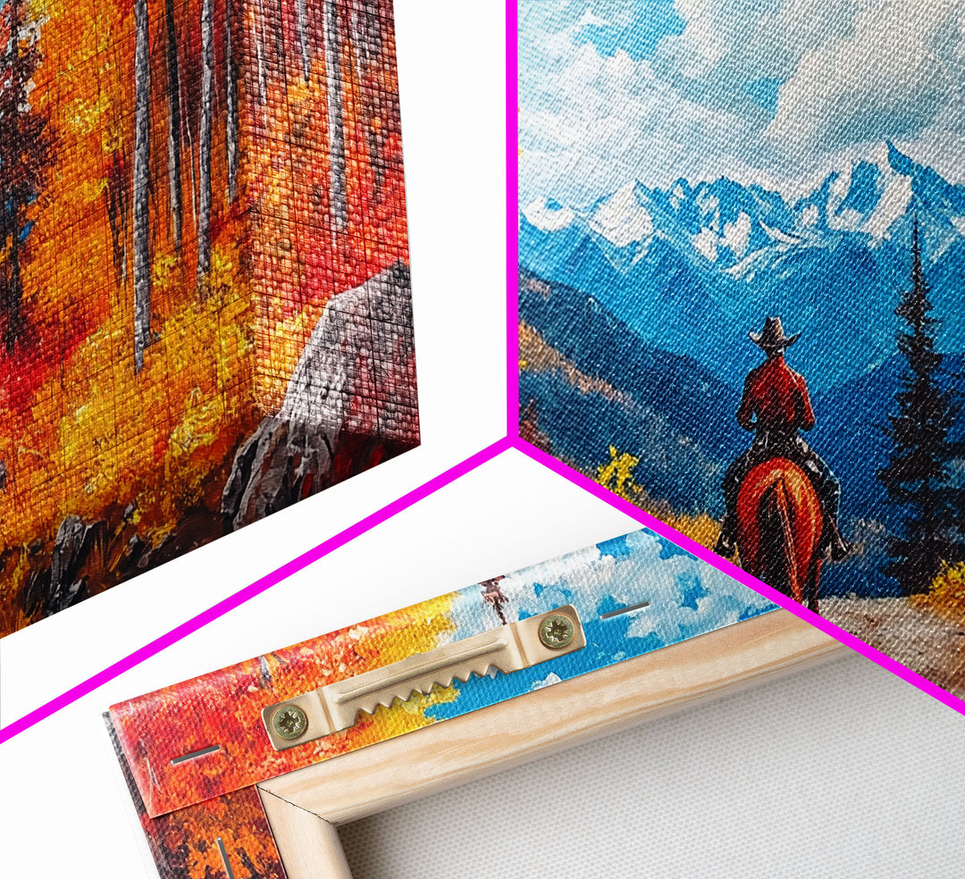 Retro cowgirl art with fall leaves, Framed Canvas Print, autumn-inspired vintage cowboy wall art rustic or farmhouse decor or gallery wall