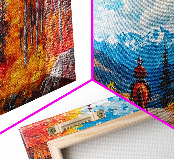 Retro cowgirl art with fall leaves, Framed Canvas Print, autumn-inspired vintage cowboy wall art rustic or farmhouse decor or gallery wall