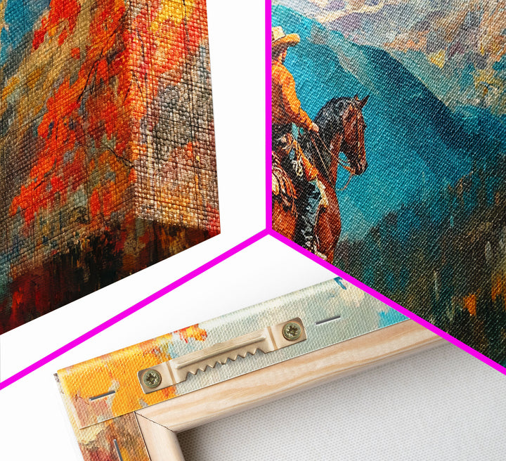 Female cowboy in fall forest, Framed Canvas Print, tall striking artwork rustic or modern farmhouse seasonal wall art