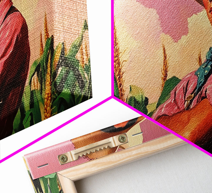 Snowy rural barn scene Framed Canvas Print showcasing a woman in a red coat cowboy hat walking through a winter landscape, farmhouse decor