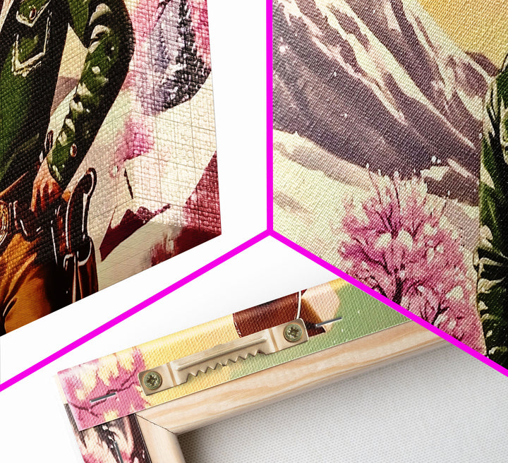 Retro Framed Canvas Print of a woman in a white dress standing next to a vintage pink truck, holiday wall art gift ideas any space