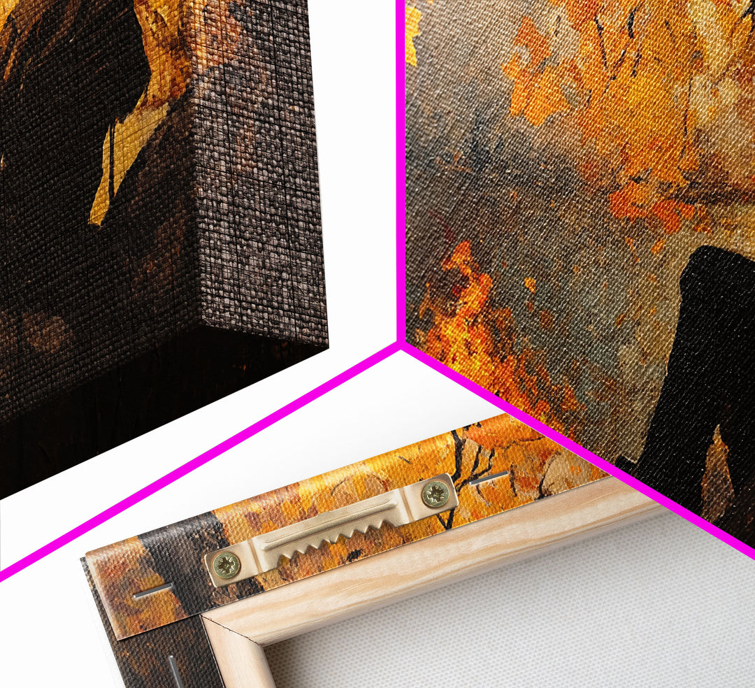 Cozy autumnal Framed Canvas Print featuring a woman with a mug, surrounded by vibrant fall leaves, perfect seasonal wall art for cozy spaces