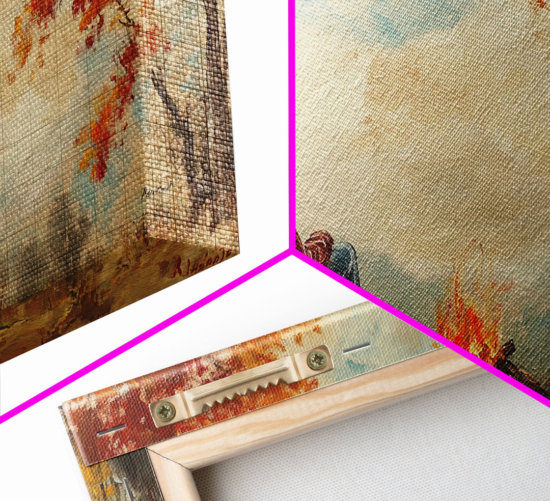 Cheerful Framed Canvas Print of a woman in a cowboy hat enjoying a coffee by fall colors, perfect vintage autumn wall art decor