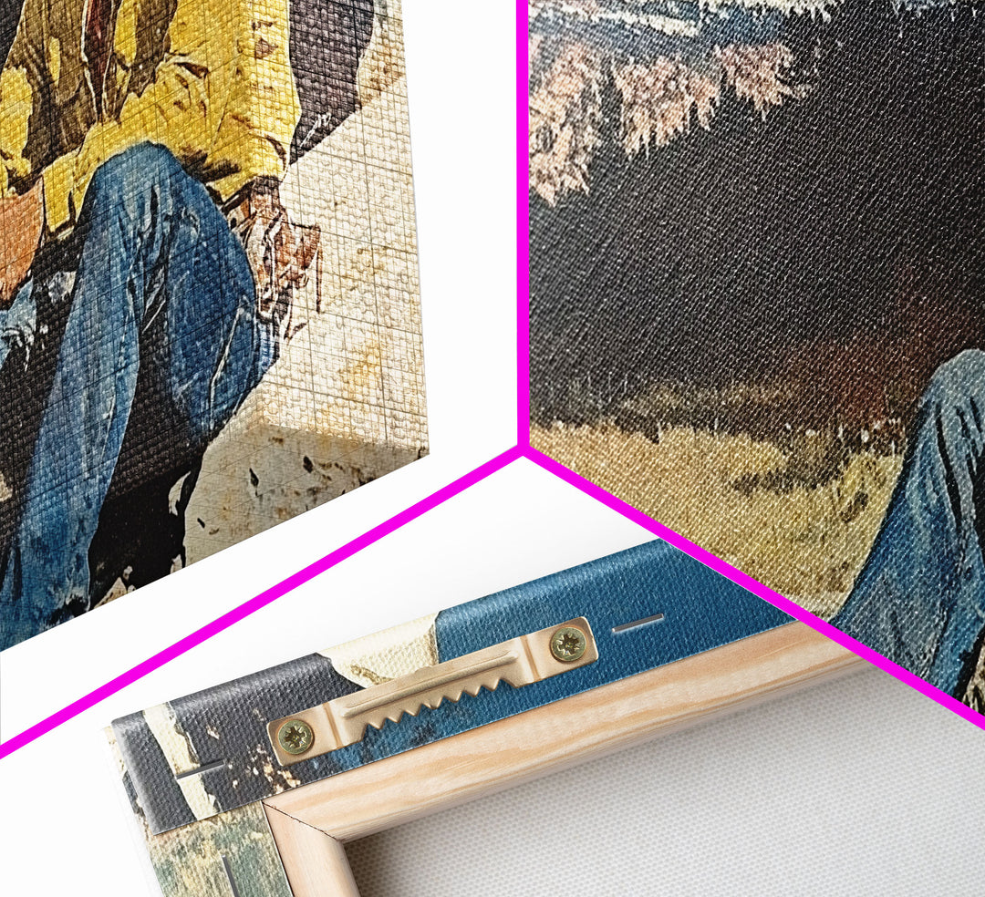 Bold monochromatic Framed Canvas Print showcasing a woman in a cowboy hat with horses in a snowy mountain landscape, rustic winter wall art