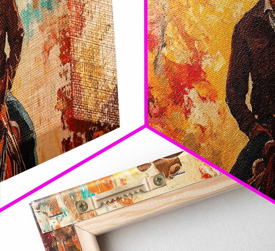 Cowboy Riding Through The Autumn Trees, Framed Canvas Print, Rustic Farmhouse Wall Art, Boho Style Seasonal Watercolor Painting