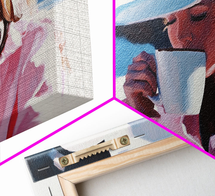 Cowgirl Enjoying A Cup of Coffee, Framed Canvas Print, Winter Wall Art, Pink Decor, Gift For Her, Seasonal Winter Home Decor