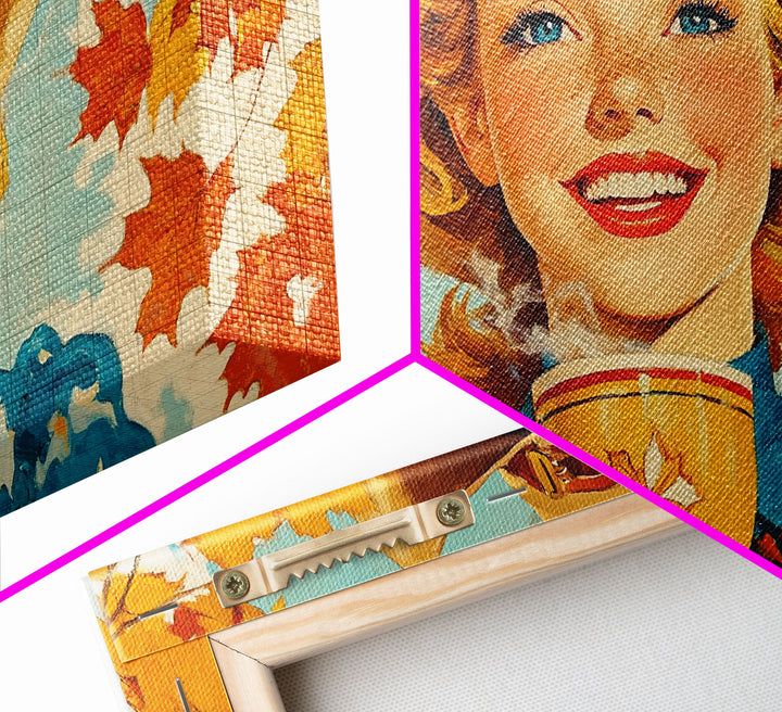 Happy Cowgirl Enjoying Hot Cocoa, Framed Canvas Print, Cute Fall Decor, Rustic Farmhouse Wall Art, Retro Style Trendy Autumn Decor