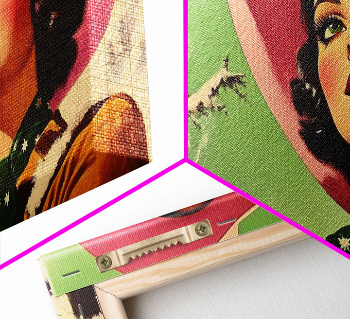 Retro Cowgirl Having A Cup Of Coffee, Framed Canvas Print, 1950s Style Wall Art, Vintage Art, Winter Decor, Watercolor Christmas Art