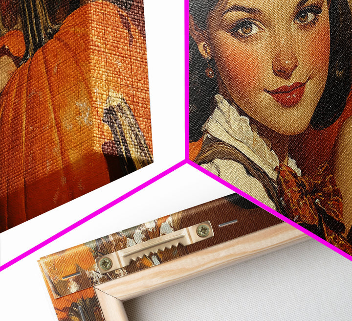 Cowgirl In A Pumpkin Patch, Framed Canvas Print, Retro Style Fall or Thanksgiving Wall Art, Farmhouse Decor, Christmas Wall Decor Gift