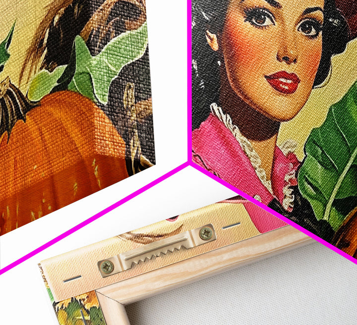 Retro Cowgirl In A Pumpkin Patch, Framed Canvas Print, Fall and Autumn Rustic Decor, perfect autumn or Christmas decor wall art