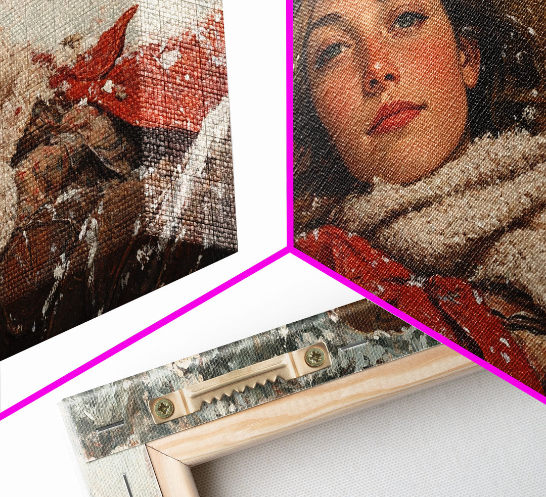 Cowgirl Laying In The Snow Framed Canvas Print, Cute Rustic Decor, Cowgirl Portrait Painting, Winter Wall Art