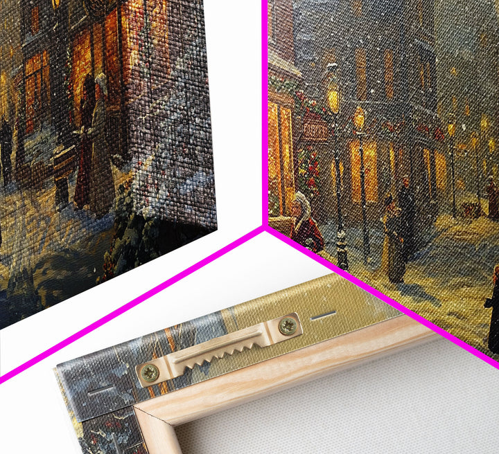 Victorian Christmas Street Scene With Families Shopping, Cozy Winter Wonderland Wall Art, Framed Canvas Print, Vintage Christmas Decor