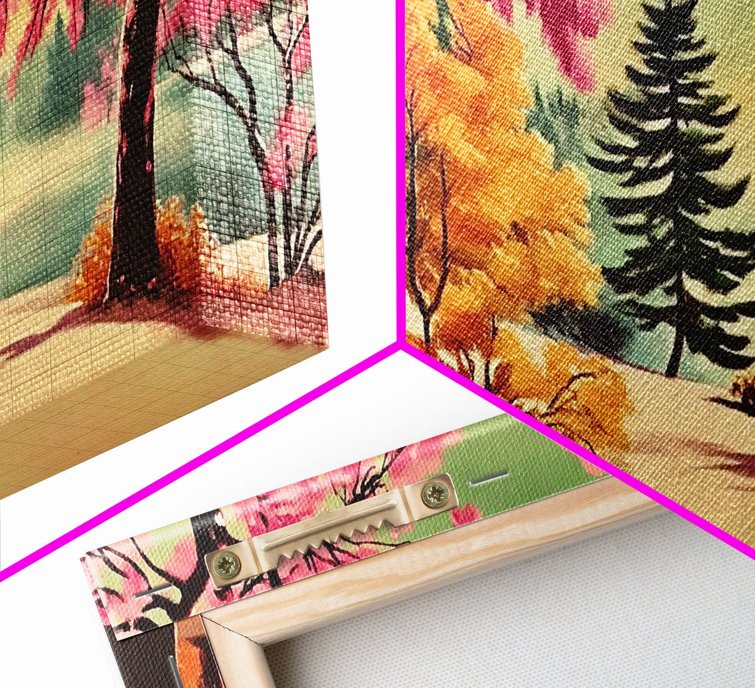 Colorful Path with Pink and Orange Trees Framed Canvas Print, Ideal Autumn Wall Art, Perfect Seasonal Decor Gift for Nature Lovers