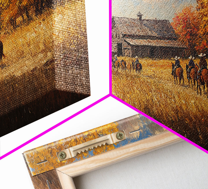 Horseback Riders In Autumn Near Barn, Rustic Fall Wall Art, Cozy Farmhouse Decor Framed Canvas Print, Harvest Time Country Art