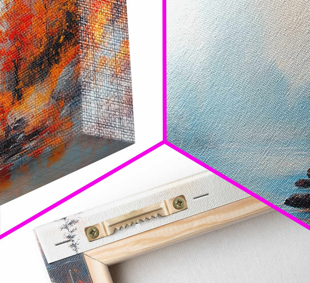 Fall On The Lake, Framed Canvas Print, Beautiful Seasonal Decor, Moody Landscape Painting