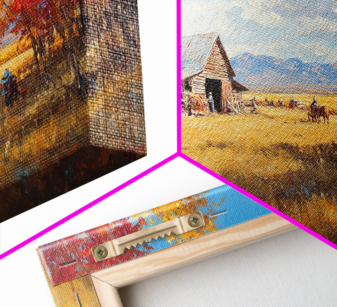 Group Of Horseback Riders In Autumn Field, Rustic Fall Scene Wall Art, Country Farmhouse Framed Canvas Print, Cozy Harvest Time Art