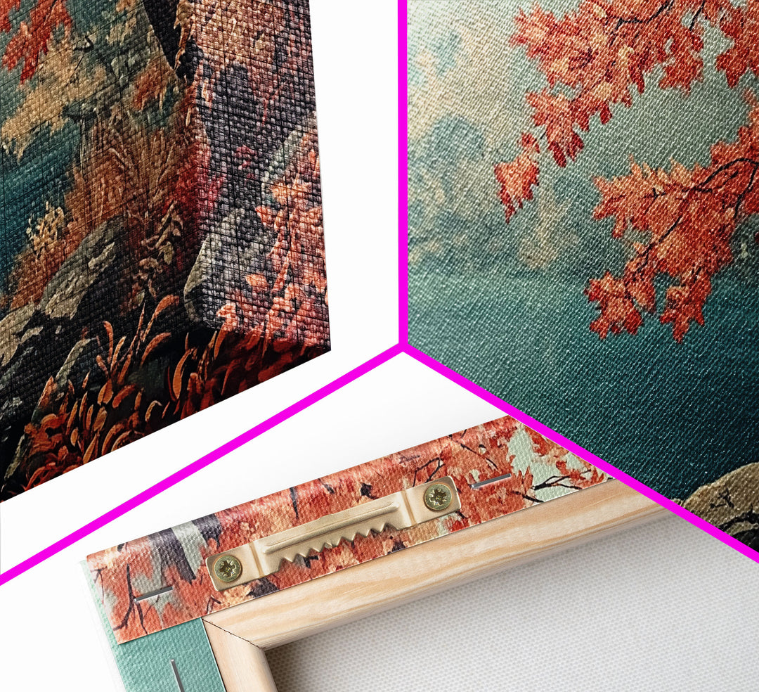 Fall On The Lake, Watercolor Landscape Painting Framed Canvas Print, retro holiday decor wall art with nostalgic vibe