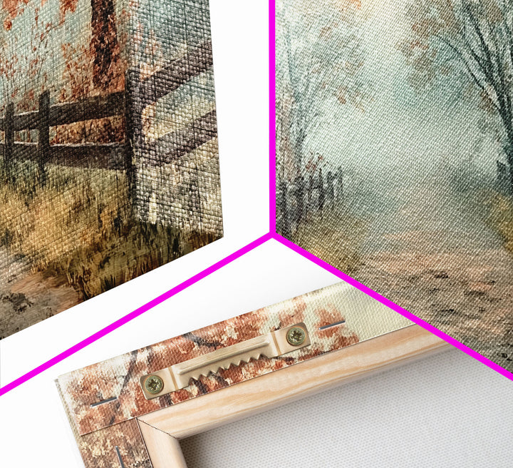 Autumn Path Framed Canvas Print, Rustic Fence and Trees Wall Art, Farmhouse Fall Home Decor, Vintage Style Wall Art, Seasonal Gift Idea