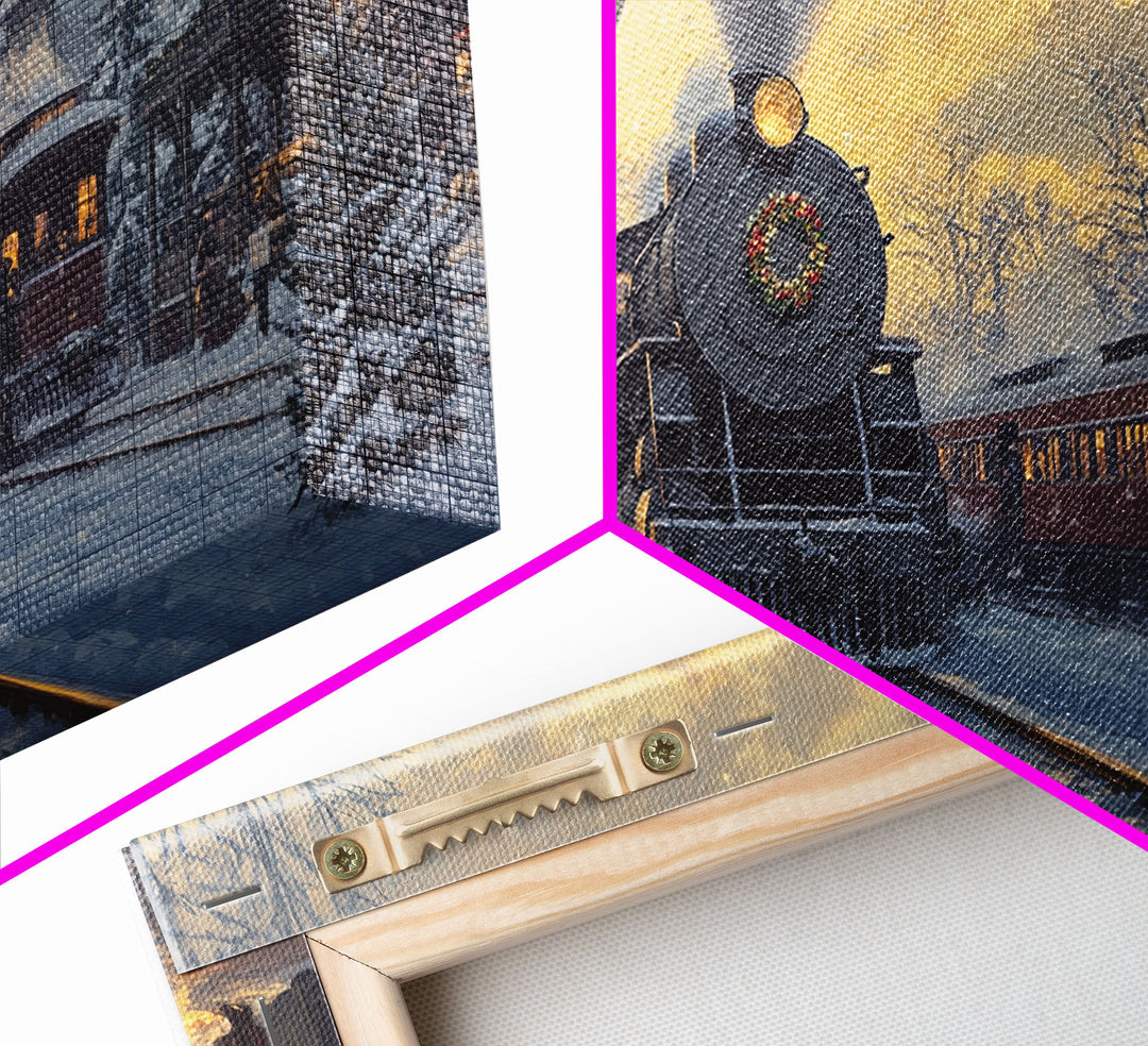 Christmas Train Station Framed Canvas Print, Snowy Train Scene Art, Vintage Christmas Decor, Holiday Wall Art, Best Christmas Gift