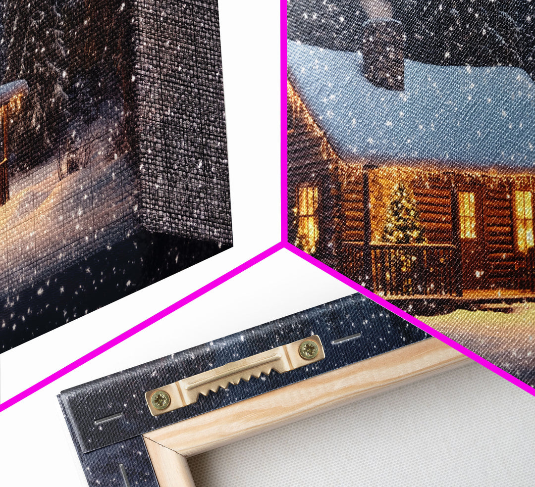 Cozy Cabin in Snow Framed Canvas Print, Winter Wonderland Scene Art, Rustic Christmas Decor, Holiday Wall Art, Seasonal Gift Idea