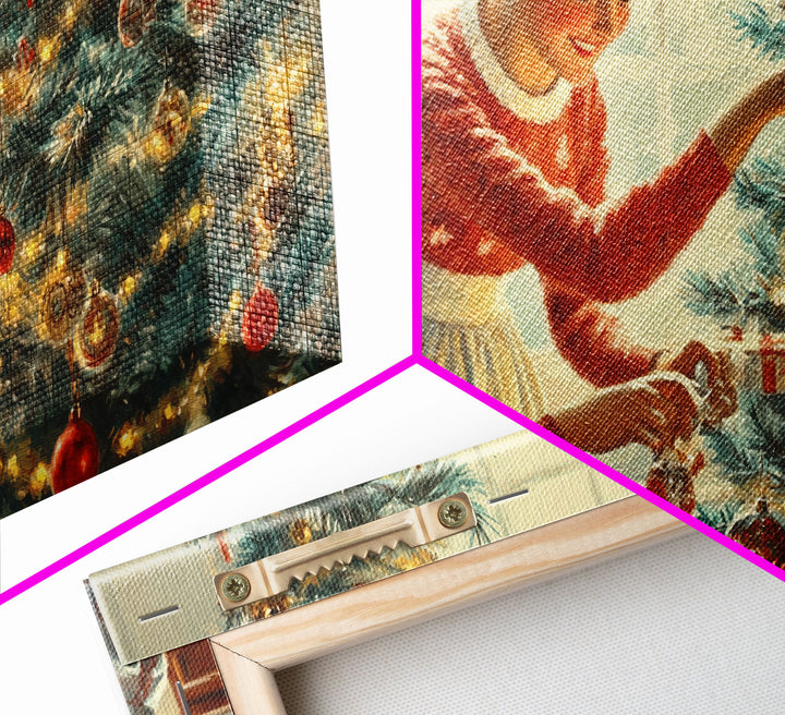 Family Decorating Tree Framed Canvas Print, Retro Christmas Scene, Vintage Holiday Decor, Christmas Tree Art, Christmas Wall Art Gift