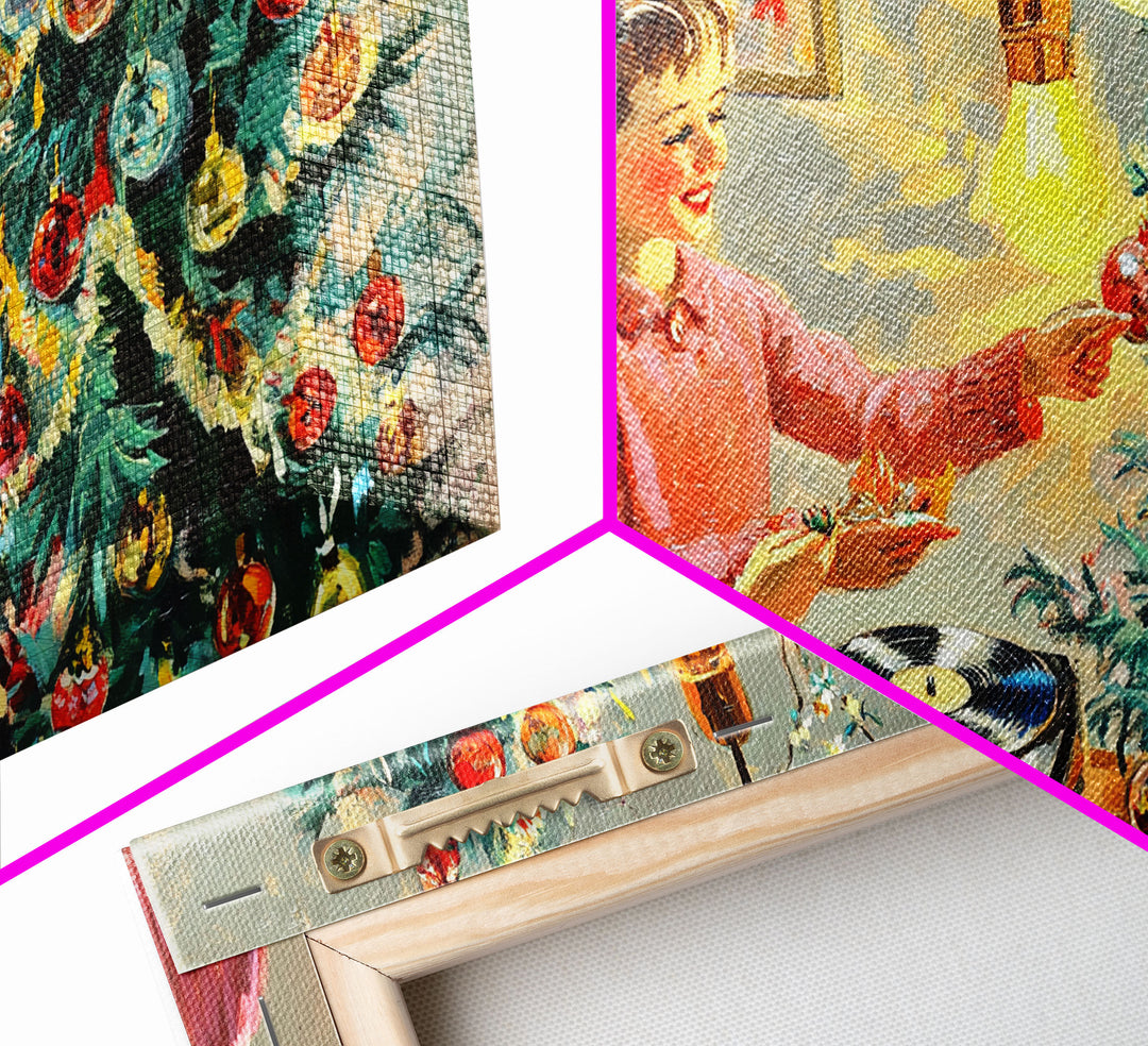 Family Christmas Decorating Framed Canvas Print, Retro Holiday Scene Art, Vintage Christmas Home Decor, Christmas Art Prints, Wall Art