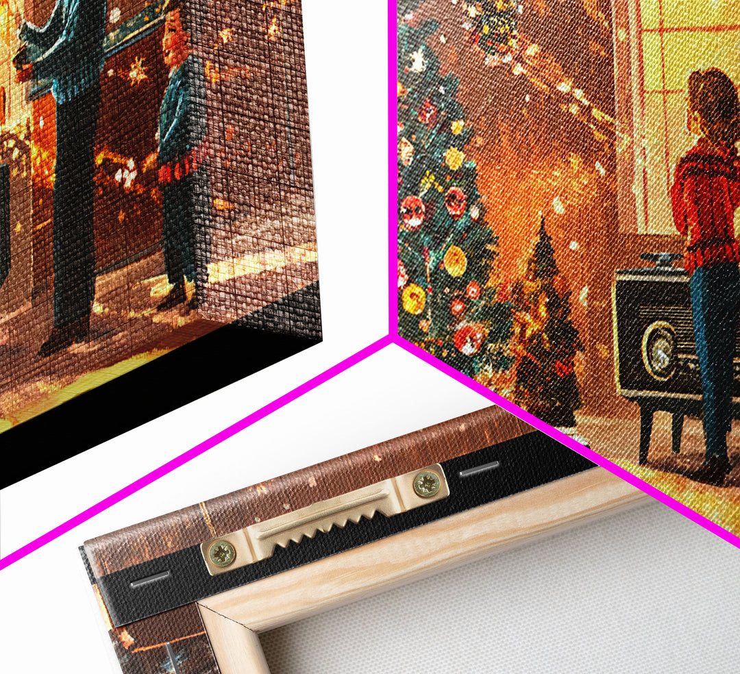 Cozy Christmas Evening Framed Canvas Print, Vintage Christmas Scene Art, Retro Holiday Home Decor, Christmas Tree Wall Art, Christmas Gift
