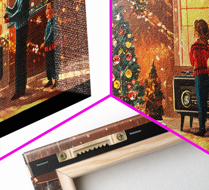 Cozy Christmas Evening Framed Canvas Print, Vintage Christmas Scene Art, Retro Holiday Home Decor, Christmas Tree Wall Art, Christmas Gift