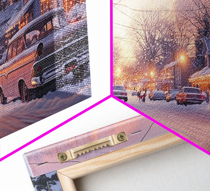 Snowy Neighborhood Evening Framed Canvas Print, Winter Wonderland Scene Art, Christmas Home Decor, Vintage Christmas Art, Holiday Wall Art