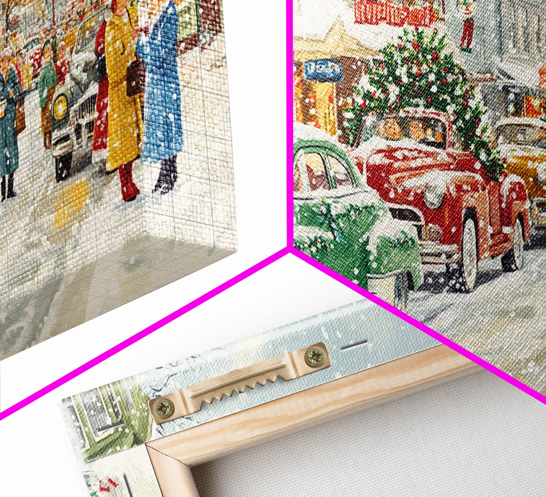 Festive Small Town Framed Canvas Print, Retro Christmas Village Scene, Vintage Christmas Decor, Christmas Vacation Art, Holiday Wall Art