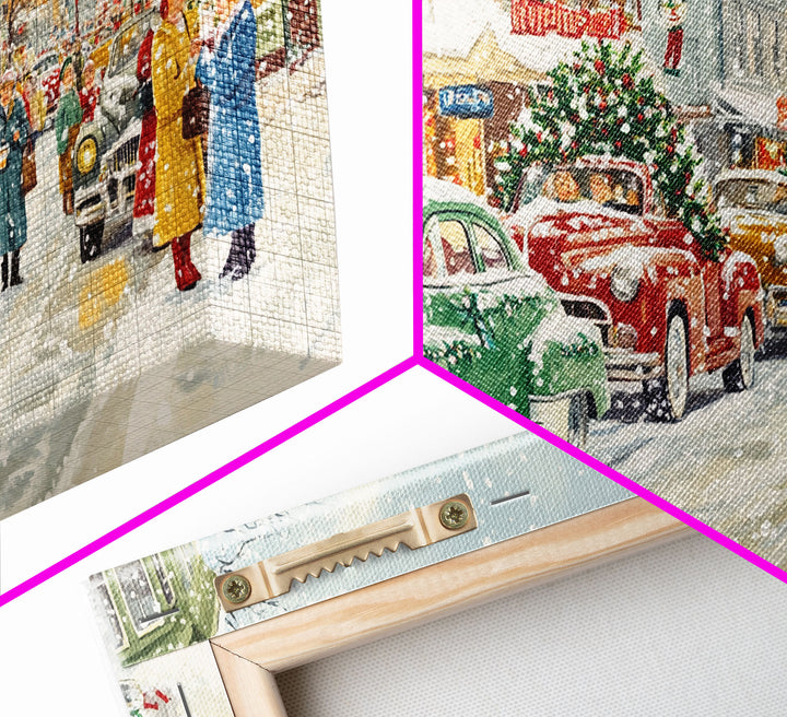 Festive Small Town Framed Canvas Print, Retro Christmas Village Scene, Vintage Christmas Decor, Christmas Vacation Art, Holiday Wall Art