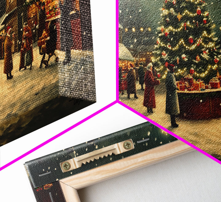 Vintage Christmas Village Market Scene Framed Canvas Print - Perfect Retro Christmas Wall Art and Vintage Christmas Home Decor 2024
