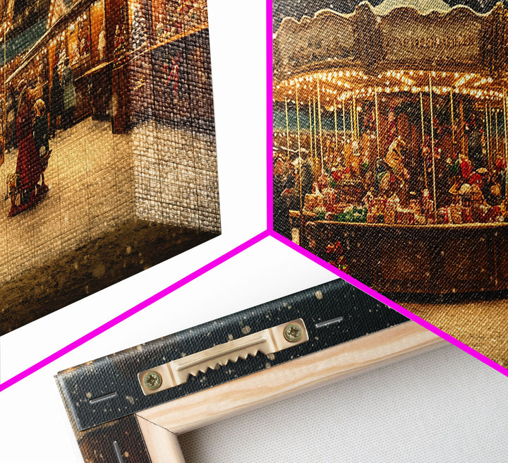 Retro Carousel Christmas Market Framed Canvas Print - Beautiful Vintage Christmas Decor and Holiday Wall Art with Christmas Scene