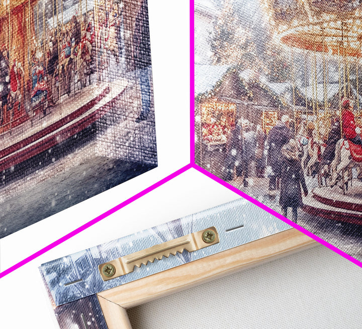 Festive Christmas Carousel Framed Canvas Print - Vintage Christmas Wall Art and Holiday Scene Decor with Christmas Characters