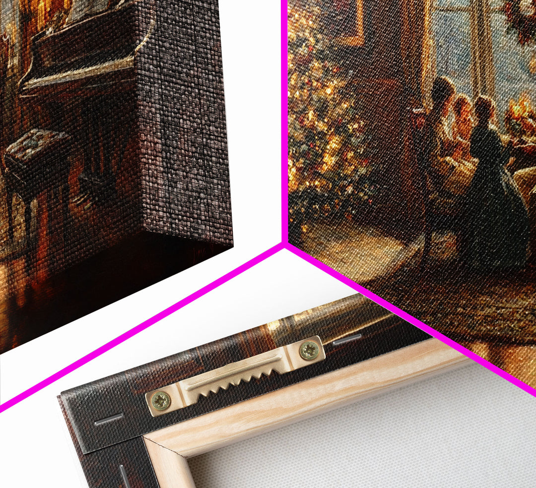 Family Gathering by Christmas Tree Framed Canvas Print - Warm Christmas Home Decor with Vintage Charm and Classic Holiday Wall Art