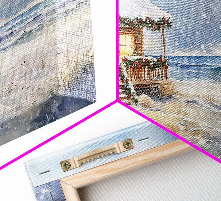 Coastal Winter Cottage Snowy Christmas Scene With Framed Canvas Print, Winter Wonderland Beach House Christmas Decor Wall Art