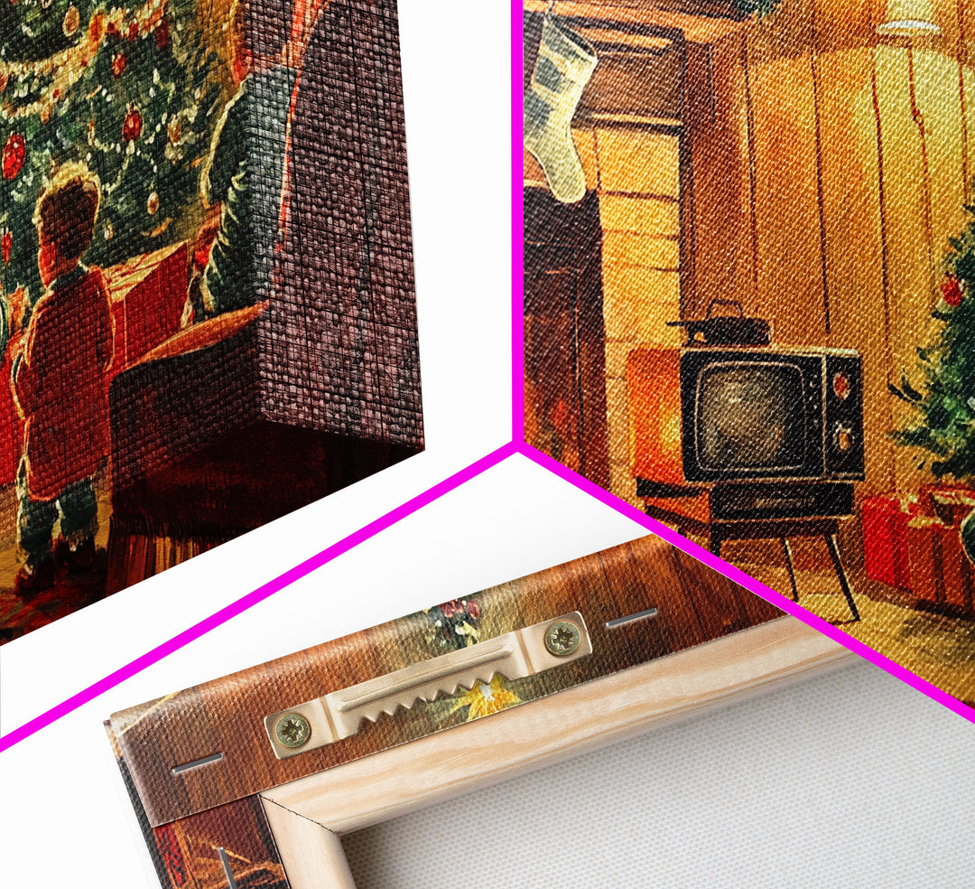 Vintage Christmas living room scene with fireplace and children, 2024 Christmas home decor, framed canvas print, vintage Christmas wall art