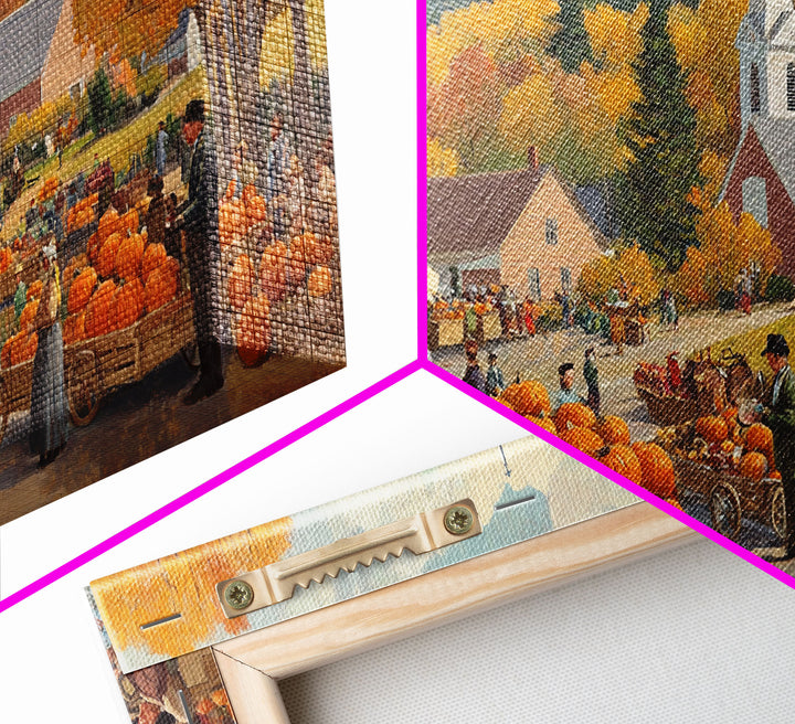 Autumn church harvest scene with pumpkins, farmhouse fall decor, canvas print, vintage fall wall art, seasonal decor