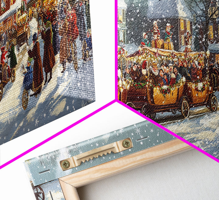 Vintage Christmas parade with decorated cars, 2024 Christmas scene art, framed canvas print, festive holiday art, Christmas wall art